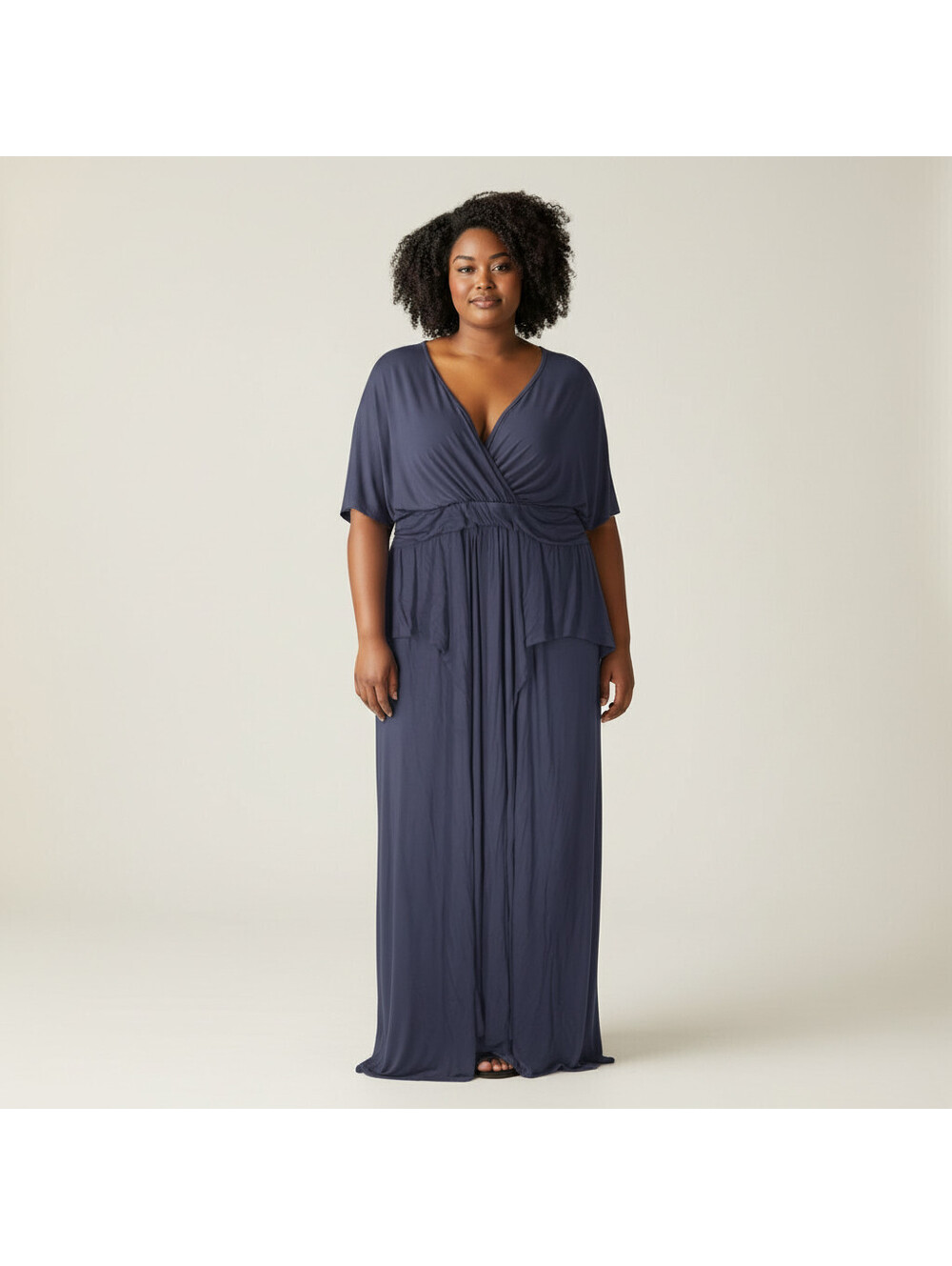 New Kiyonna Dress Women 3X Plus Blue Maxi Long V-Neck Short Sleeve Rayon Casual